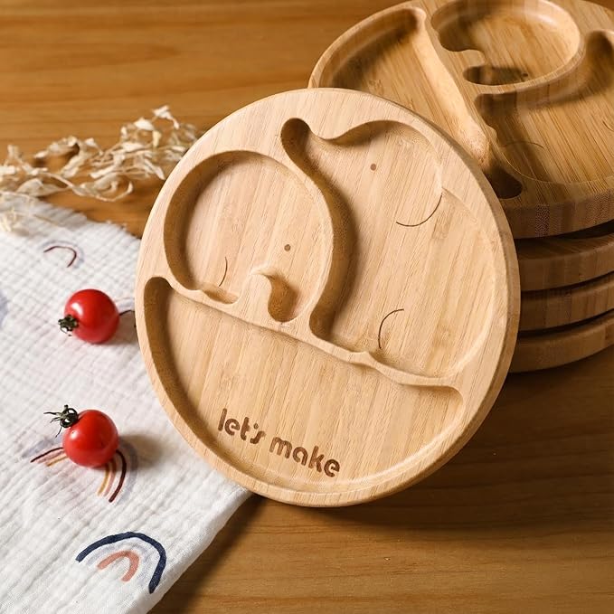 let's make Suction Plates for Baby & Toddler, Bamboo Divided Platter Feeding Dishes with Silicone Fork& Spoon, All-Natural Baby Food Plate Stays for Baby-Led Weaning, Non-Slip Design
