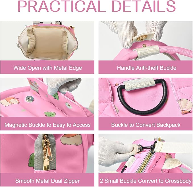 Small Diaper Bag Crossbody Backpack, 4 in 1 Mini Travel Mommy Tote w/Shoulder for Stroller, Small Toddler Daiper Tote with Insulated Pockets, Compact Baby Bag for Mom (Pink Animal)