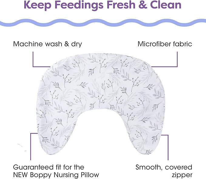 Boppy Nursing Pillow Cover - Soft, Hypoallergenic Washable Microfiber Bottle & Breastfeeding Pillow Covers (Redesigned Feeding Pillow Sold Separately) - Gray Gentle Leaves