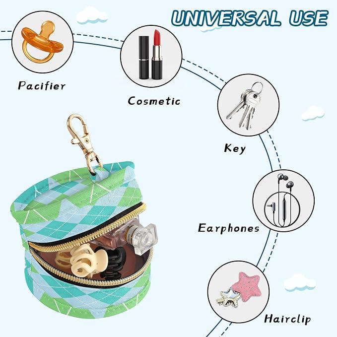 Pacifier Holder with Clip Pacifier Case for Diaper Bag Round Baby Pacifier Pouch Box Bag Portable Emerald Green and Blue Diamond Grid