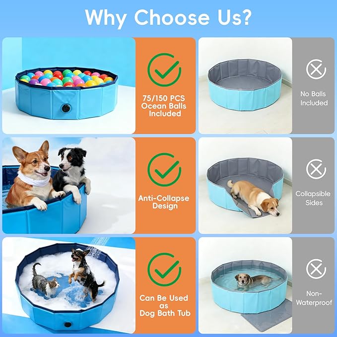 Dog Ball Pit with 150 Balls Included,Cat Ball Pit & Dog Pool 2-in-1 for Puppies Small Dogs Cats, Portable Pet Playpen Pool Indoor Outdoor(L+150 Balls)
