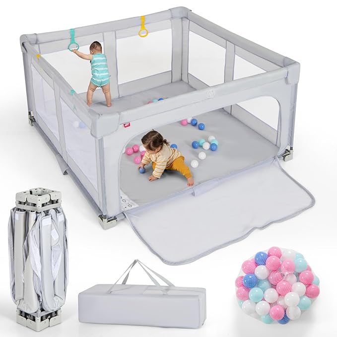 Costzon Foldable Playpen for Babies, 59''x59'' Portable Baby Play Pen with 50 PCS Ocean Balls, 4 Handles, Carry Bag, Visible Mesh, Kids Activity Center with Gates, Indoor & Outdoor Baby Gate Play Pen