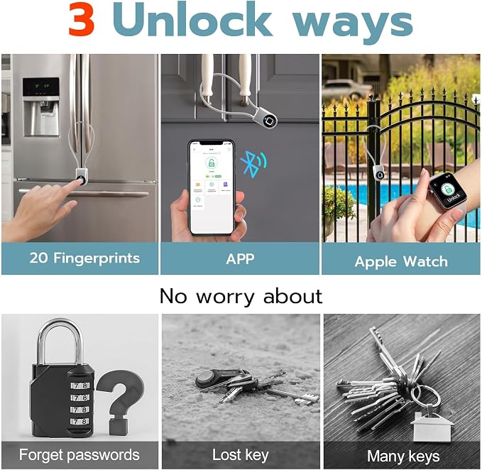 Fingerprint Cable Lock, Fridge Lock Child Proof Cabinet Locks with Bluetooth APP Control, Waterproof Refrigerator Lock French Door, Gate, Kitchen, Freezer, Cabinets and Drawers-Sliver