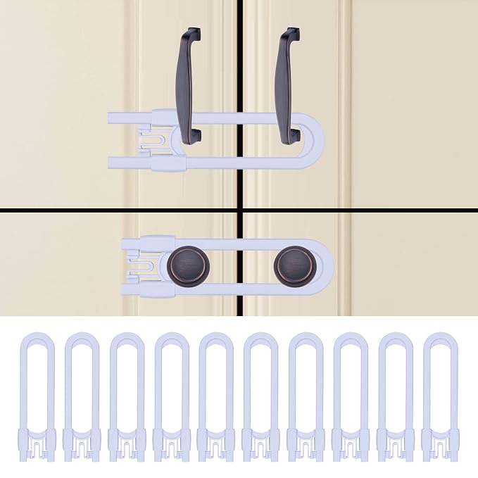 Sliding Cabinet Child Safety Locks - OKEFAN Baby Proofing Cabinet Lock Cupboard Latches for Kids on Closet Door Knobs Handles Pulls No Drill (10, White)
