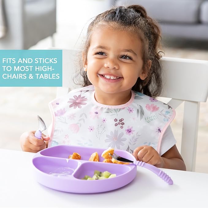 Bumkins Toddler and Baby Suction Plate, Silicone Divided Grip Dish for Babies and Kids, Baby Led Weaning, Children Feeding Supplies, Non Skid Bottom, Platinum Silicone, 6 Months Up, Lavender and Pink
