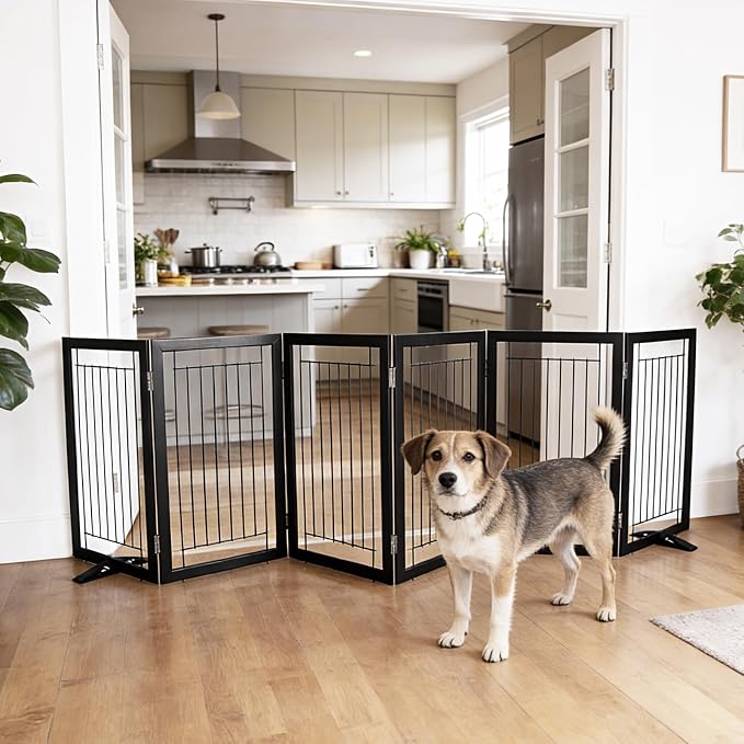 Dog Fence Indoor - 6-Panel Freestanding Dog Gate for Doorways, Hallways, House or Stairs -120x32-Inch Retractable Foldable Expandable Wood Pet by SFJC (Black)