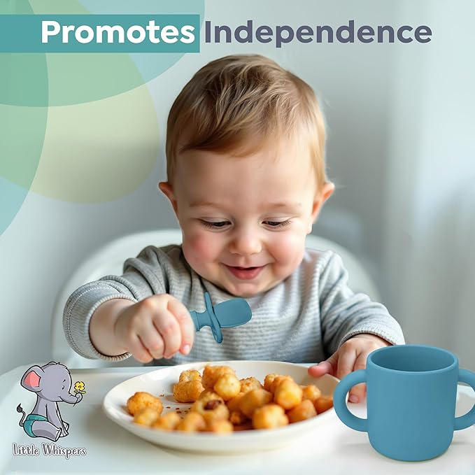 LittleWhispers Baby Silicone Spoons - Self Feeding 6 Months - Infant, Toddler, & Kid Friendly Utensils - First Stage, Baby Led Weaning - 4 Pack Utensil Set (Soft Blues)