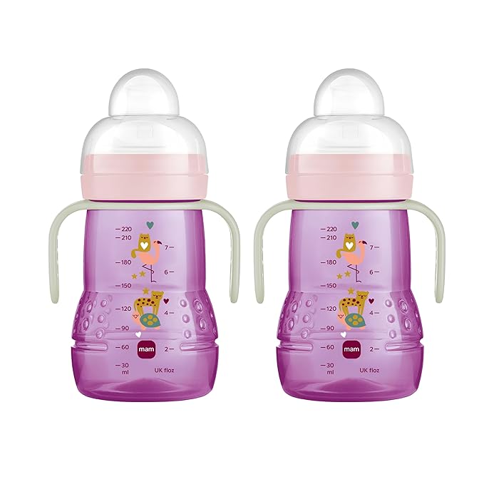 MAM Plastic Trainer Cup, Trainer Drinking Cup with Extra-Soft Spout, Spill-Free Nipple, and Non-Slip Handles, for Girls 4+ Months, Eight Ounces (Pack of 6)