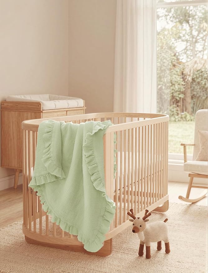 lulumoon Muslin Ruffle Baby Blanket - Soft Breathable 100% Cotton Newborn Wrap for Stroller Travel & Car Seat - Ideal for Nursery Decoration & Photo Prop 40"x36"(Green)