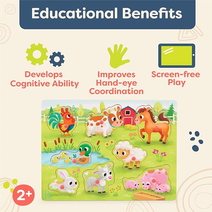 B. toys – Peek & Explore – Farm Animals – Wooden Peg Puzzle – Farm Puzzle for Toddlers, Kids – 8 Farm Animal Pieces – Cow, Horse, Sheep & More – 2+ Years