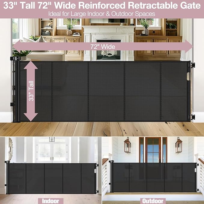 Reinforced 72" Wide Retractable Baby Gates with Support Rods - Prevent Crawling Under Retractable Gate, Mesh Dog Gate for Stairs Extra Long Baby Gate for Doorway, Long Dog Gate Indoor/Outdoor, Black