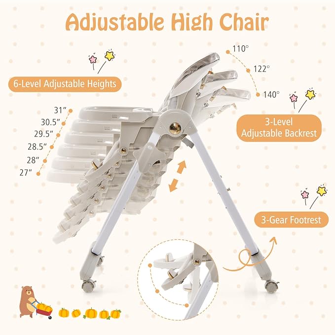 BABY JOY High Chair, Foldable Baby High Chair with Adjustable Height, Backrest & Footrest, Double Removable Tray, Portable High Chair with Wheels for Babies & Toddlers of 6-36 Months