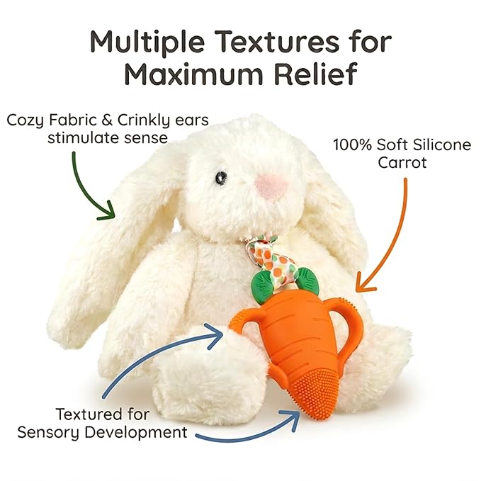 RaZbaby Bunny Snuggly w/Carrot Teething Relief Toy ??Soothes Sore Gums w/Nature-Inspired Texture, 100% BPA-Free Silicone Teether, Soft Minky Stuffed Animal ??All Ages