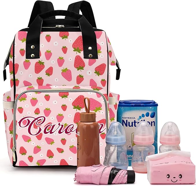 Custom Diaper Bag with Name Personalized Multifunctional Mommy Backpack for Shoulders Outdoor Backpack for Newborn Baby Thermal Pockets Nursing Bags （Strawberry 3）
