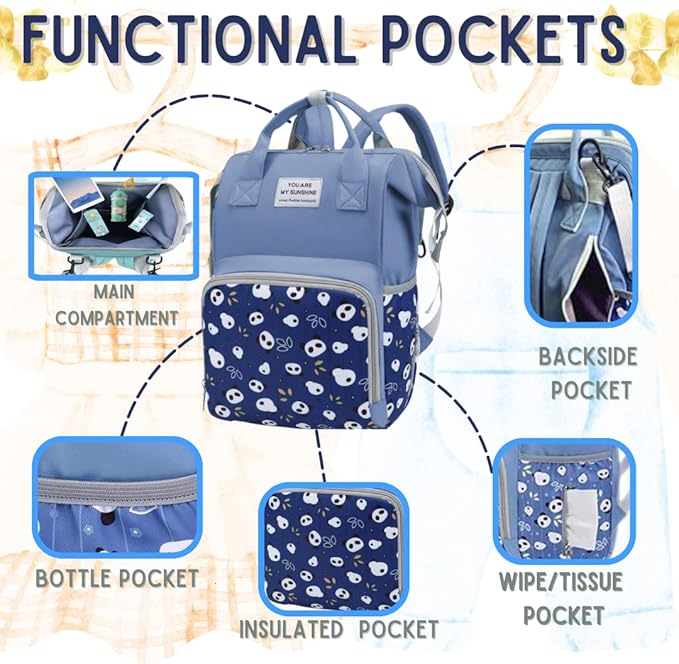 Small Diaper Bag Backpack for Baby Boy with Insulated Pockets, Stroller Straps. Blue Baby Bag for Mom Dad.