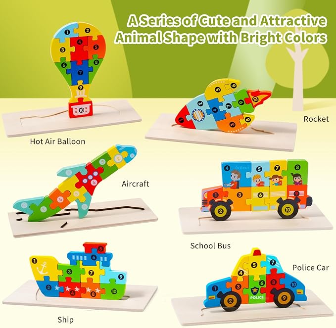 6 Pack Wooden Vehicle Toddler Puzzles for Kids Ages 3 4 5 6, Baby Montessori Toys for Kids Age 3 Years+, Transport Vehicles Learning Jigsaw Toys for Boy Girl Ideal Gift - Easter Gifts