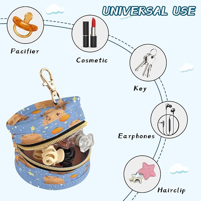 Pacifier Holder with Clip Pacifier Case for Diaper Bag Round Baby Pacifier Pouch Box Bag Portable Blue Capybara Oranges Stars