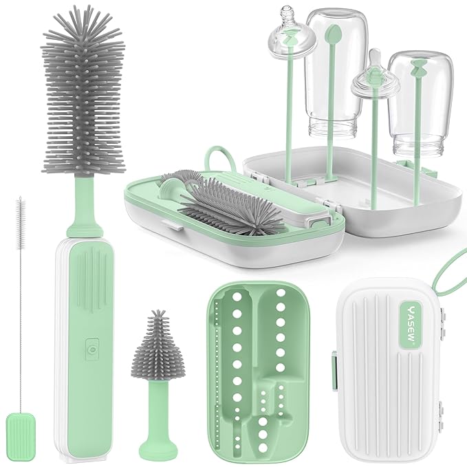 Yasew Electric Bottle Brush Cleaner, Baby Bottle Brush Travel Set, 360° Efficient Cleaning, Durable 2000 mAh Battery, Travel Bottle Brush Set with Drainage Rack and Storage Box, Baby Travel Essential