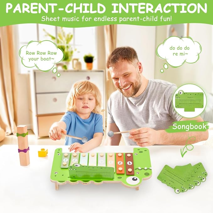 Baby Piano Xylophone Musical Toys - 2 in 1 Wooden Montessori Crocodile Toys for Toddler Kids, 8 Multicolored Key Keyboard Instruments, Preschool Educational Musical Learning Toy for Girls Boys