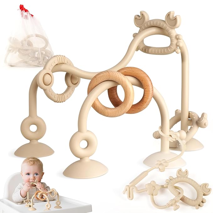 Baby Teething Relief Sensory Toys - High Chair Suction Cup Toys, Tactile Silicone Teether Developmental Toy for Babies, Einstein Activity Toy for Airplane Travel, Table, Highchair Tray
