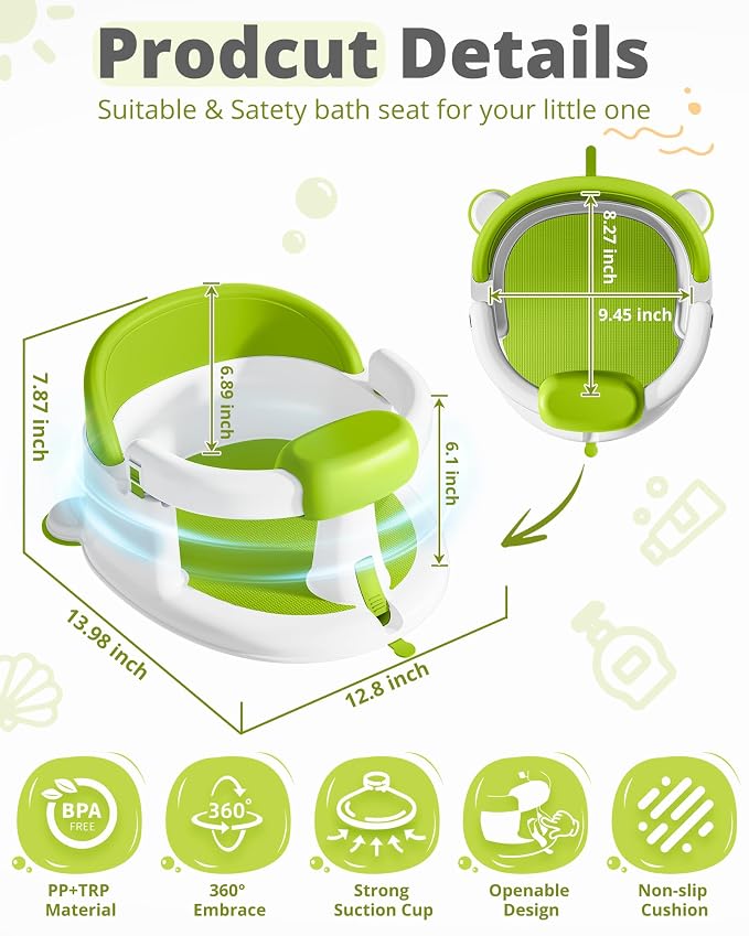 ONTHEWEI Baby Bath Seats for Babies Sitting Up, Non-Slip Baby Bathtub with 3 Suction Cups, Safe & Comfortable Toddler Bath Seat Ideal for Baby Bath/Shower Support, Stable Design, Ice Green