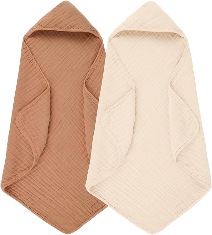 MIGIOL Hooded Baby Bath Towels 100% Muslin Cotton Baby Bath Towel for Infant, Toddler and Kids,Soft and Absorbent Newborn Essential，Large 32x32Inch 2 Pieces Coffee & Beige