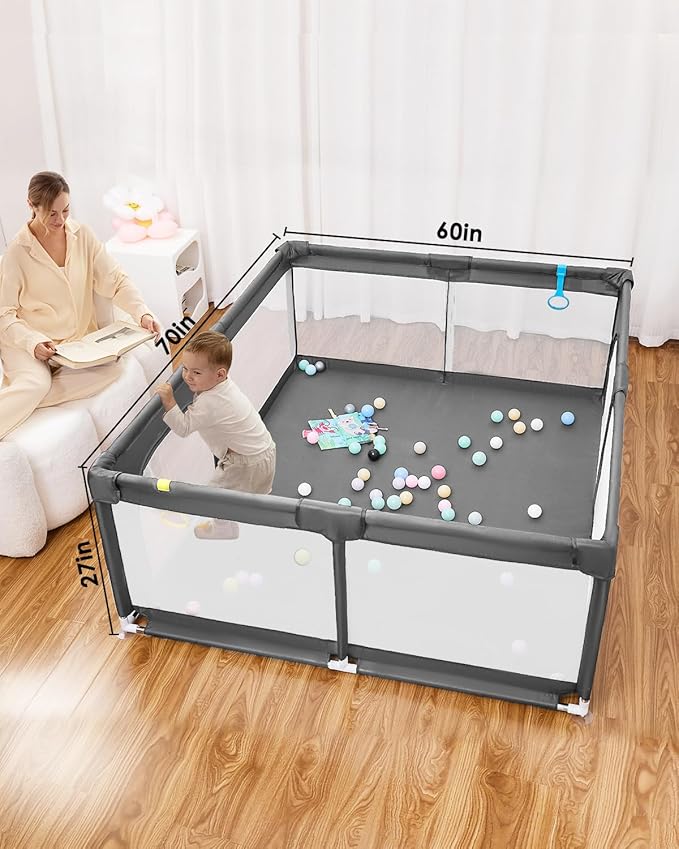 [Upgraded] dearlomum 71"x59" Baby Playpen,Extra Large Playard with Thickened Steel Pipes,Sturdy Soft Mesh Safety Fence for Toddlers(Gray)