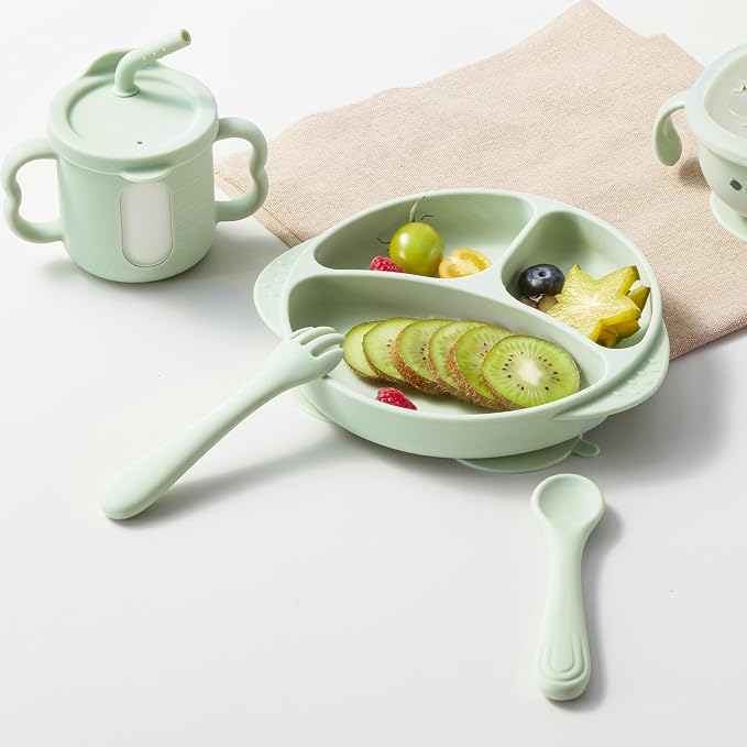 Bc Babycare Portable 4 Pack Baby & Toddler Self Feeding Fork and Spoon Set with Storage Case, BPA-Free Silicone Utensils for Boys and Girls, Safe & Easy to Carry, Green & Pink