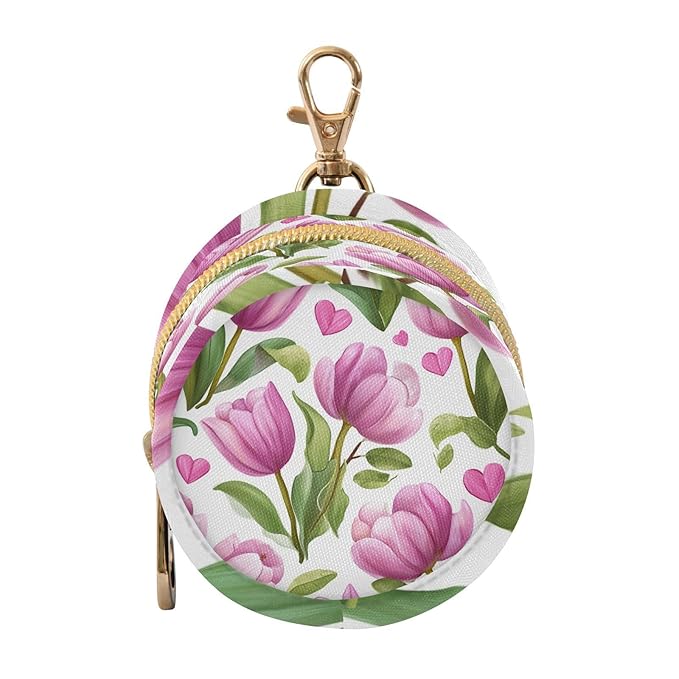 Pacifier Holder with Clip Pacifier Case for Diaper Bag Round Baby Pacifier Pouch Box Bag Portable Romantic Pink Tulips and Hearts