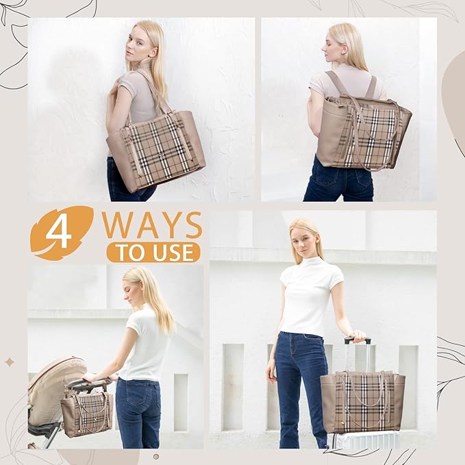 miss fong Checkered Diaper Bag Tote - Leather Diaper Bag Backpack, Large Capacity Mommy Bag Hospital Bag, 12 Pockets Travel Diaper Tote with Changing Pad for Mom Plaid Tote Bag for Women-light brown | Waterproof Leather, Large Capacity