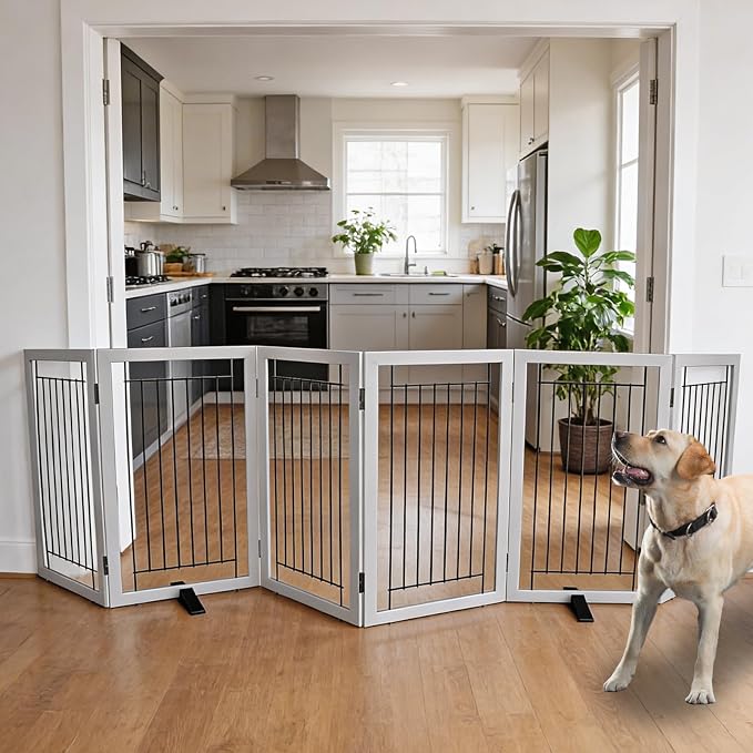 Dog Fence Indoor - 6-Panel Freestanding Dog Gate for Doorways, Hallways, House or Stairs -120x32-Inch Retractable Foldable Expandable Wood Pet by SFJC (Grey)