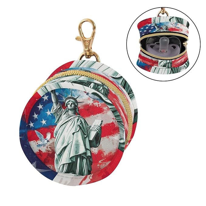Pacifier Holder with Clip Pacifier Case for Diaper Bag Round Baby Pacifier Pouch Box Bag Portable Statue of Liberty and Patriotic Flag Dove