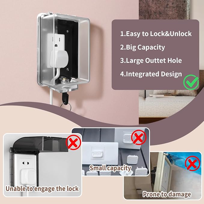 Baby Safety Outlet Cover Box-Key Lock for Much Better Toddler Proofing,Easier Operation,Simple 4 Step Install with Included Screws,Suitable for all Standard Electrical Outlets and Wall Switch