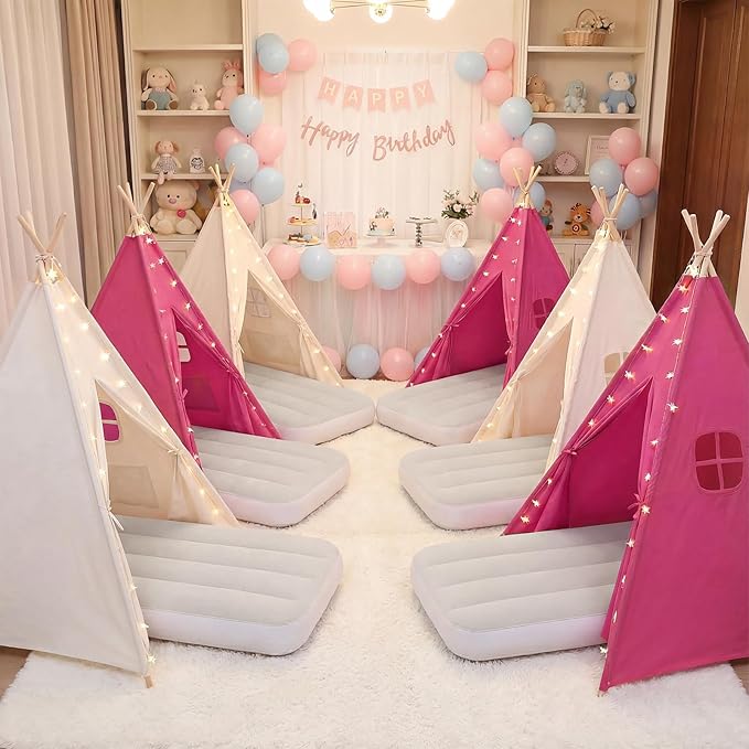 wilwolfer 6 Pack Kids Teepee Tent Bulk and Inflatable Airbed & Light, Natural Toddler Play Tent for Girls Boys Indoor Sleepover Slumber Party Birthday Gifts(White, Rose Red)