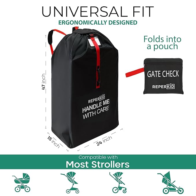 reperkid Large Stroller Bag for Airplane Travel, Black & Red, 47" H x 24" W x 15" D, Fits Most Large, Single, Double, Jogging Strollers ??Premium Waterproof Cover, Adjustable Shoulder Straps