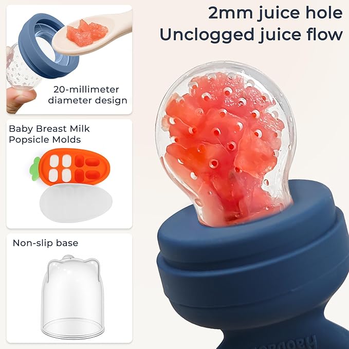 Baby Fruit Feeder 2 Pack with Freezer Tray, 4 Silicone Pouches in 3 Sizes, Breastmilk Popsicle Mold, Food Feeder Pacifier and Silicone Teether for Teething Relief, 4+ Months