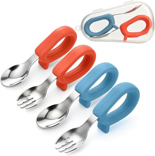Toddler Utensils Set, 4PCS Stainless Steel Forks & Spoon with Silicone Handle, Self Feeding Training Baby Spoons, BPA-Free Anti-Choke, with 2 PCS Portable Travel Cases, Dishwasher Safe