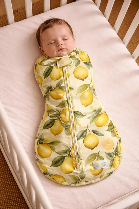 Woombie Original Baby Swaddling Blanket - Self-Soothing, Cotton Baby Swaddle with Zipper - Wearable Newborn Blanket - Lemons, 5-13lbs