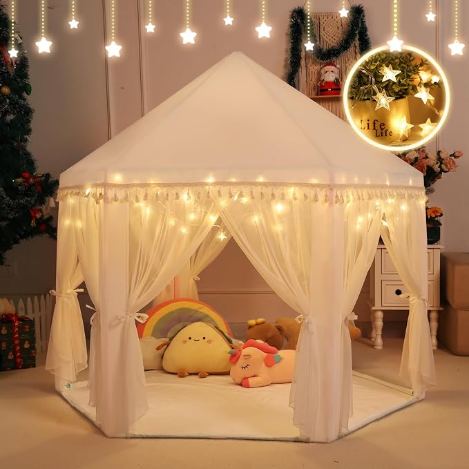 Monobeach White Princess Tent Girls Tassel Decor Large Playhouse Kids Castle Play Tent with Star Lights Toy for Children Indoor and Outdoor Games, 55'' x 53'' (White Princess Tent with Tassel)