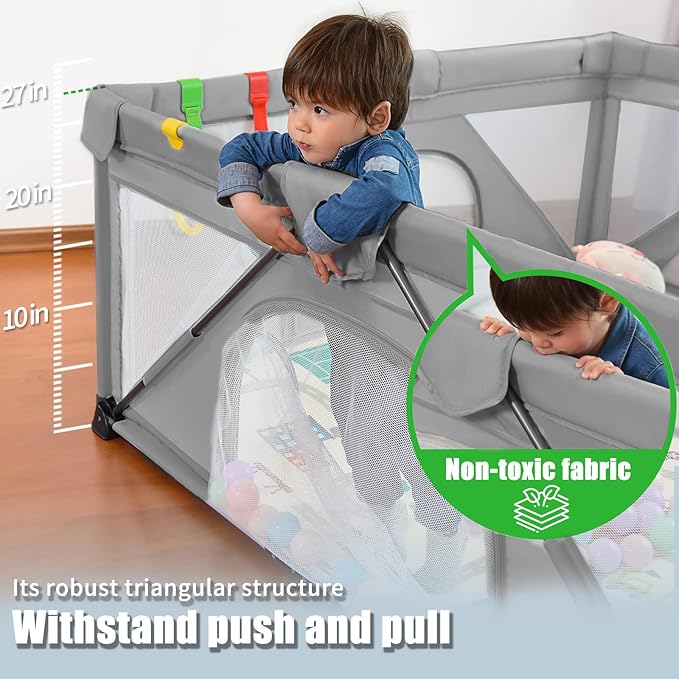 Baby Playpen Foldable, Heyo.Ja Large Play Yard, Playpen for Babies and Toddlers, Play Pens for Babies and Toddlers with Gate, Indoor & Outdoor Portable Play Pen (Washable 71x59in, Cold Grey)