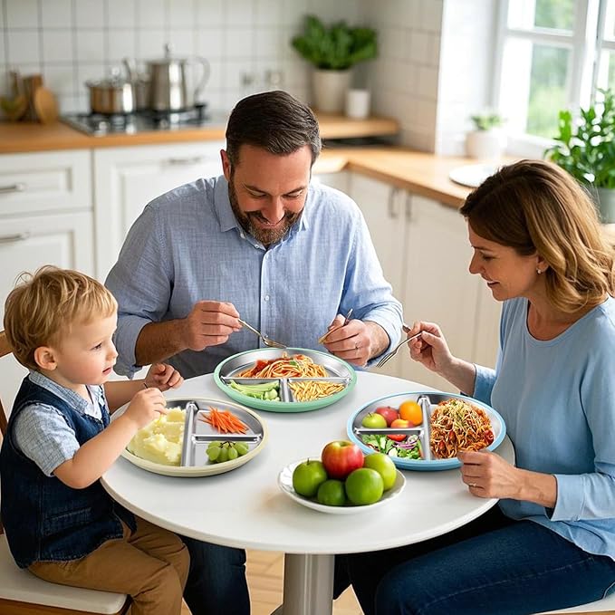 BUSOHA 3 Pack Stainless Steel Kids Plate with Suction - 8.1??Divided Toddler Baby Plates with Silicone Sleeves Non-Slip 2-in-1 Anti Breakage Metal Toddler Bowls Microwave Dishwasher Safe