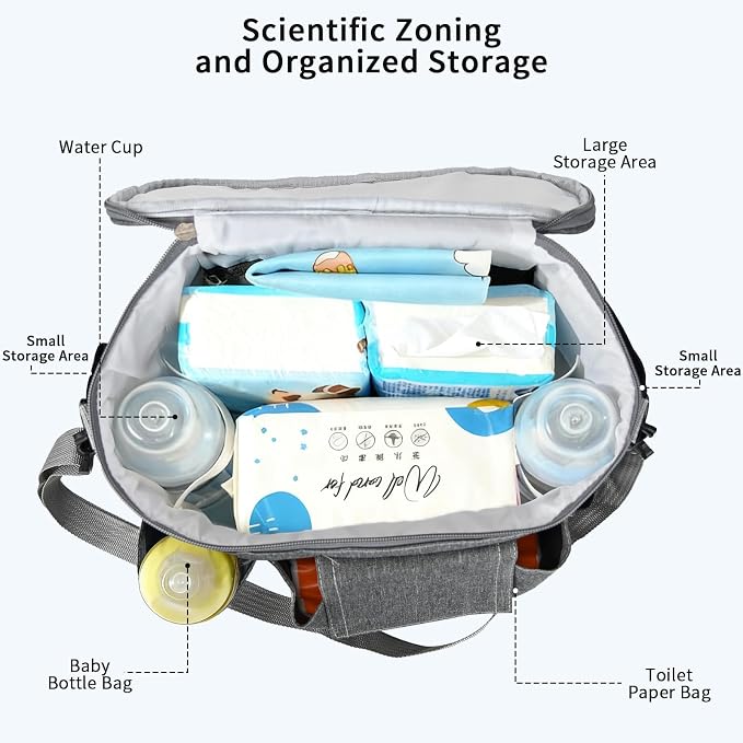 Stroller Organizer with Insulated Cup Holders - Universal Stroller Caddy Bag Fits for Uppababy, Baby Jogger, Nuna - Detachable Shoulder Strap & Large Storage for Diapers, Wipes (Grey)