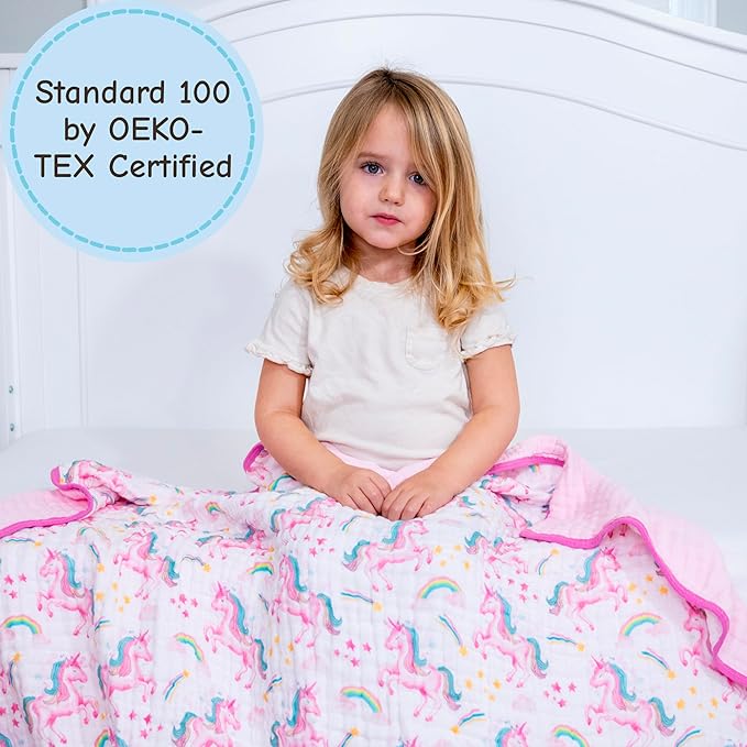 LollyBanks Baby Blanket, 100% Organic Cotton Muslin Baby Quilt for Girls, Large 47 x 47 Inches, 6 Layers Soft and Breathable Toddler Blanket, Cozy Newborn Nursery Blankets, Registry (Unicorn Print)