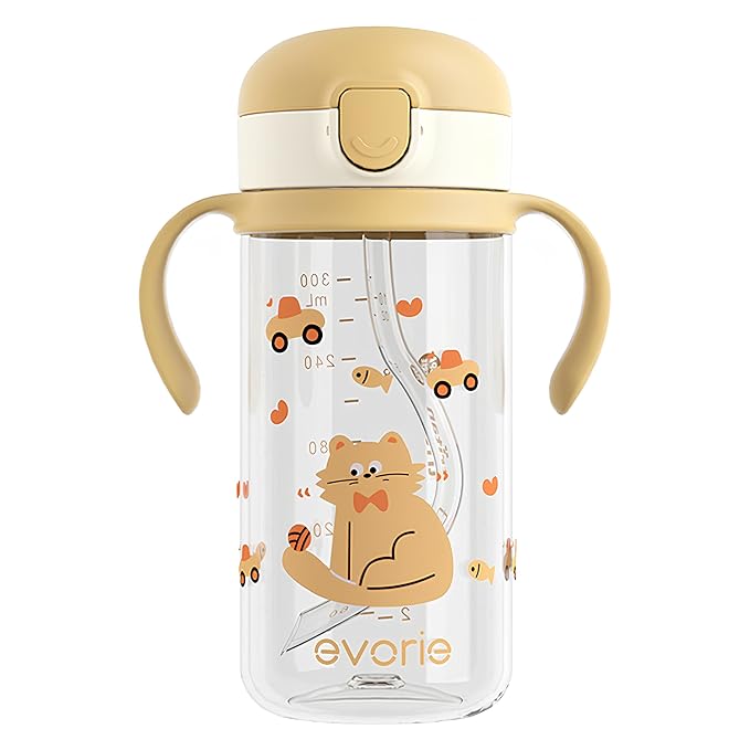 Evorie Tritan Spill Proof Toddler Straw Sippy Cup, 10 oz for Baby and Toddlers 1-3 Years Old, No Spill Straw Water Bottle with Removable Handles, Ideal for School, BPA-Free, Cat (New)