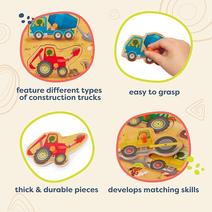B. toys – Peek & Explore – Construction Trucks – Wooden Peg Puzzle – Truck Puzzle for Toddlers, Kids – 8 Construction Truck Pieces – Dump Truck, Cement Mixer, Excavator & More – 2+ Years