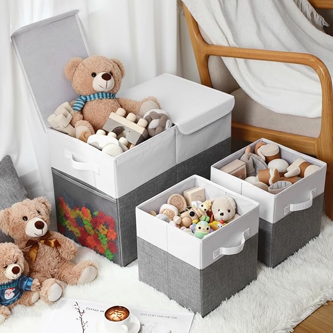 3 Pack Large Storage Bins Set 23" Toy Chest Storage with Lids and 11" Cubes Organizer Bins for Kids Bedroom Closet Shelf Organizer for Clothes Blankets Nursery Playroom(Grey White)