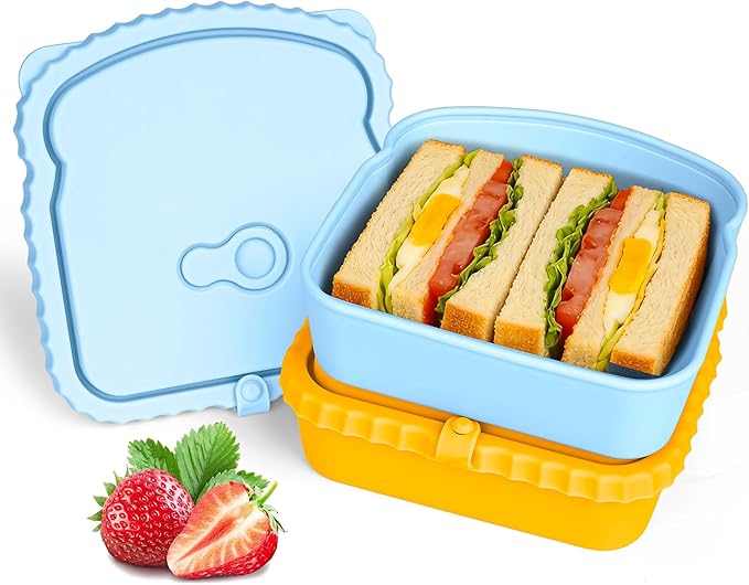 2 Pack Silicone Sandwich Container with Leakproof Lids, 15oz Reusable Lunch Box, BPA-Free Silicone Snack Box, Reusable Toast Container for Sandwiches, Snacks, Office, Travel (Yellow+Blue)