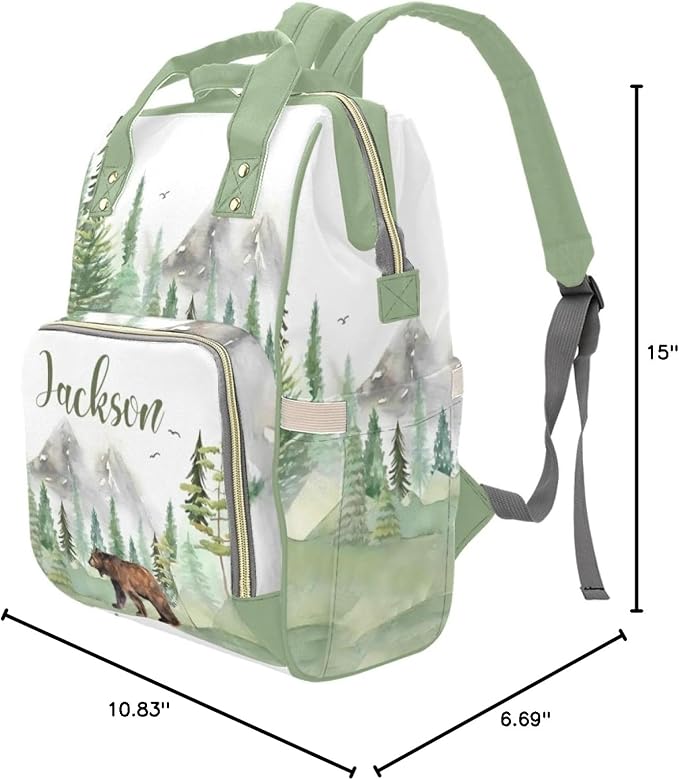 Custom Diaper Bag Backpack with Name Personalized Woodland Bear Nappy Bag for Mommy Mother's Day Gift Customized Adjustable Shoulders Nursing Bag Daypack