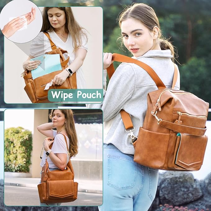 MOMINSIDE Diaper Bag - Leather Convertible Backpack Hobo, Large Mom Baby Bag, 14 Pockets, 6 Bottle, Wipes, Insulated (Brown)