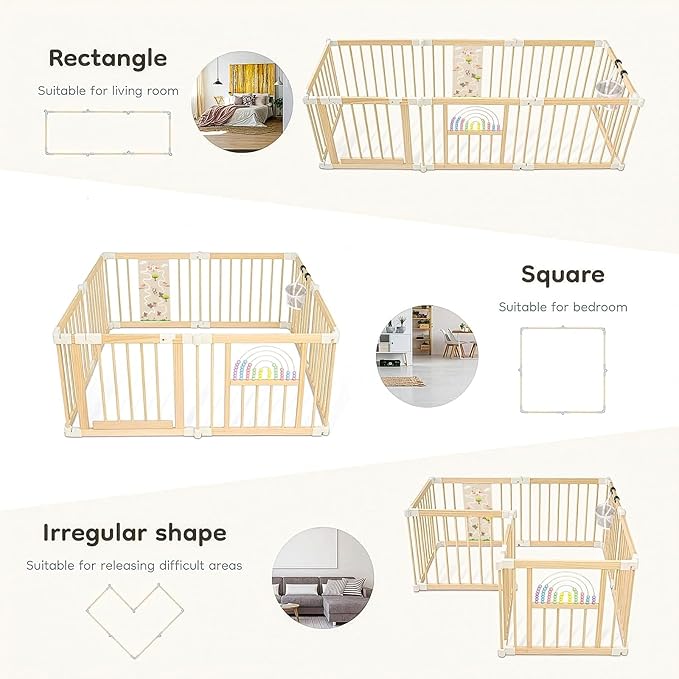 Ulnxiy Foldable Wooden Baby Playpen Activity Center,Adjustable Size & Shape Portable Play Yard, Baby Fence Play Area with Gate for Indoor Use for Babies and Toddlers(56x56x24inches)